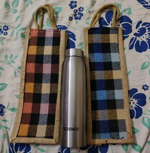Set of 2 ~  Plaid Jute Pouches/ Water Bottle Bags