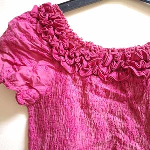 Ruffled Neck Pink Broderie Anglaise Top