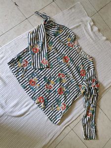 Chic Striped Floral Cold Shoulder Top
