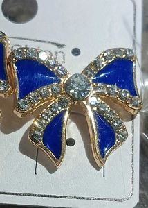 Cute Blue Bow Earrings with Rhinestones