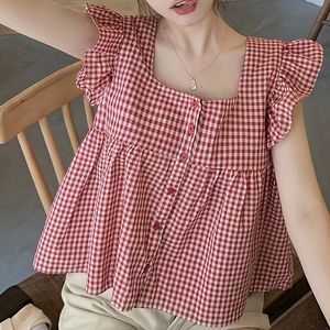 Red Gingham Square Neck Top