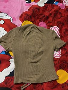 Ribbed V-Neck Drawstring brownTop