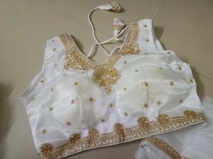 Elegant White &amp; Gold Embroidered Blouse
