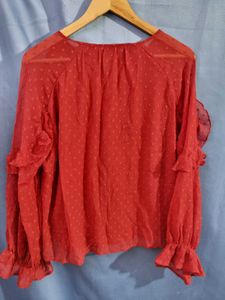 Kazo Chic Red Ruffle Sleeve Blouse