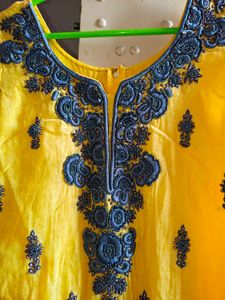 Yellow Kurta with Dark Blue beads Embroidery