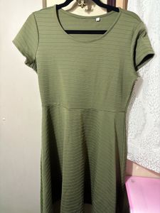 Olive Green Striped Fit &amp; Flare Dress