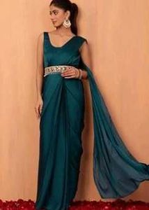 Teal Green Satin Pre drape Saree Dress