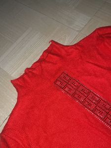 Red Mock Neck Top with Embellishment