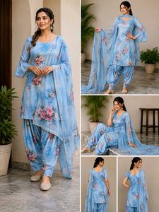 Elegant Sky Blue Floral Georgette Long Gown Set