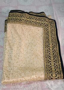 Elegant Cream &amp; Gold Embroidered Saree