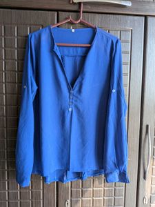 V-Neck Royal Blue Button-Up Blouse L-XL