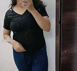 Black V-Neck Tie Detail Top