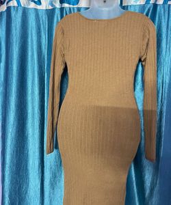 Brown Ribbed Knit Bodycon Dress