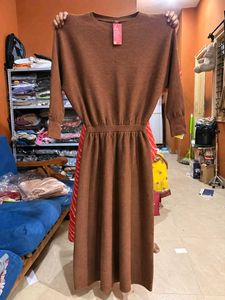Brown Ribbed Knit Midi Dress