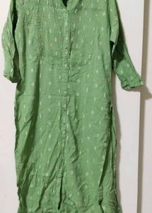 Green Printed Straight Kurti | Button-Down Cotton