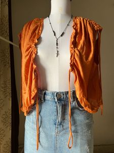 Orange Ruched Tie-Front Top