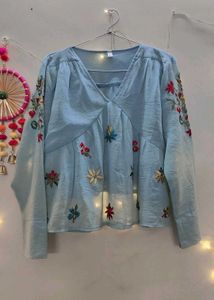 Embroidered Blue V-Neck Peplum Top