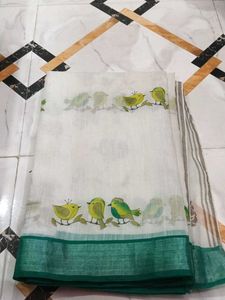 White Saree with Bird Print