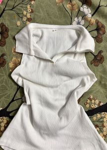 White Ribbed Collared Top