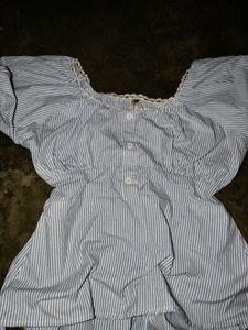 Blue Striped Puff Sleeve Top