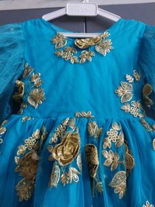 Turquoise Party Dress with Gold Embroidery