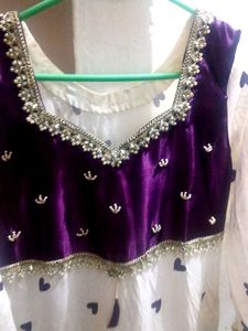 Women Purple White Designer Anarkali Kurti Velvet