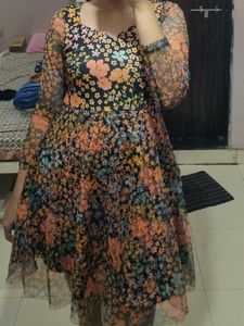 Chic Floral Print Mesh Sleeve Dress