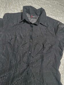 Chic Black Sheer Striped Button-Up Shirt