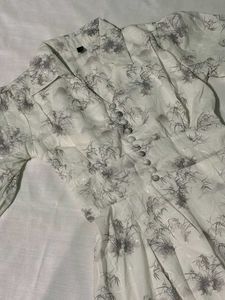 Elegant White &amp; Grey Print Midi Dress