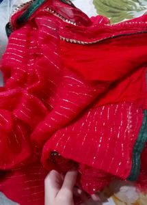 Red Saree with Silver Stripes
