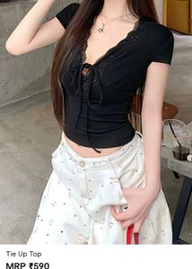 Black Lace Trim Tie-Up Crop Top