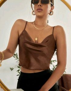 satin brown cowl neck top