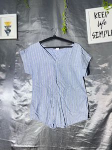 Light Blue Striped V-Neck Top