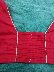 Red Stitched Blouse With Golden Zari