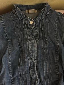 Denim Pleated Button-Up Shirt
