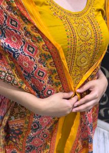 Embellished Yellow Kurta Set with Printed Dupatta