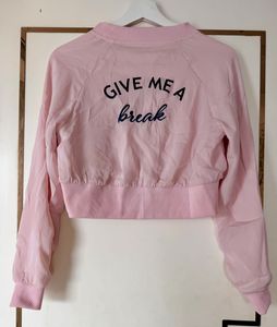 Pink Cropped Bomber Jacket with "Give Me A Break"