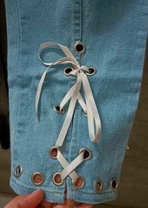 Light Wash Flare Jeans with Tie Detail