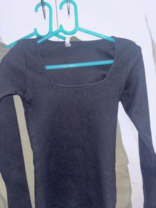 Black Square Neck Long Sleeve Top and Zudio Green