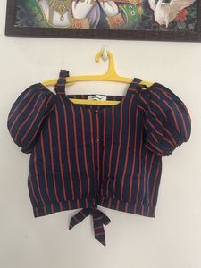 Striped Off-Shoulder Tie-Front Blouse
