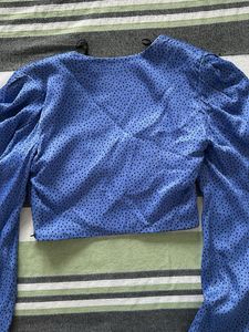 Blue Polka Dot Puff Sleeve Crop Top