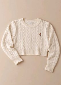 IVORY CABLE-KNIT TEDDY EMBROIDERY SWEATER
