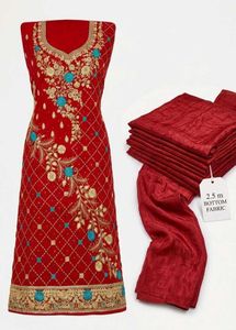 red embroidered dress material with dupatta