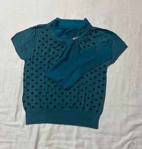 Teal Polka Dot Knit Top with Bow