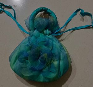 Teal Striped Drawstring Pouch