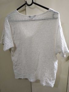 White Textured V-Neck Button-Up Top