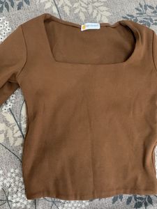 Brown Square Neck Long Sleeve Top