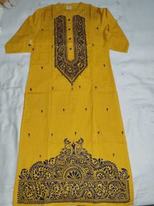 Yellow Cotton Kurta with Block Print(NEW)