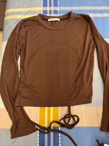 Chic Brown Long Sleeve Tie-Up Top