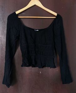 Black Smocked Long Sleeve Top